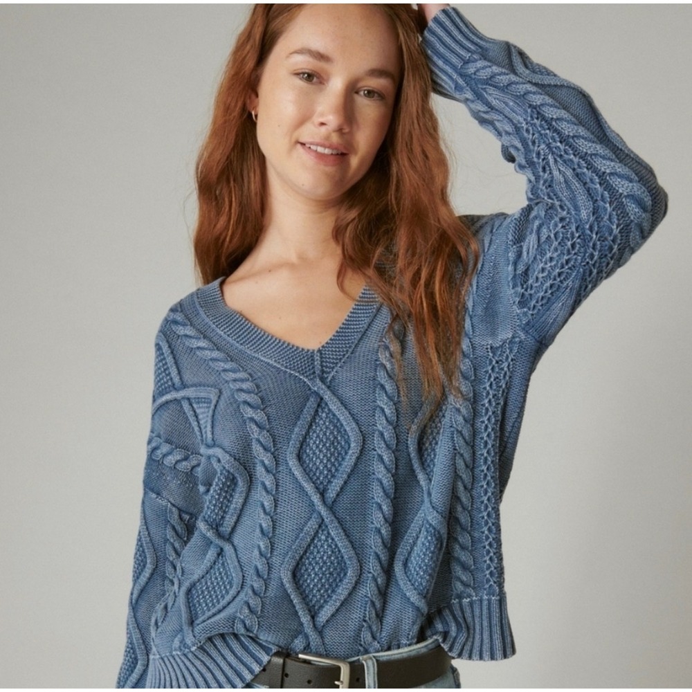 Lucky Brand Blue Indigo Cotton Cable Knit V-Neck Sweater Womens Large Acid Wash